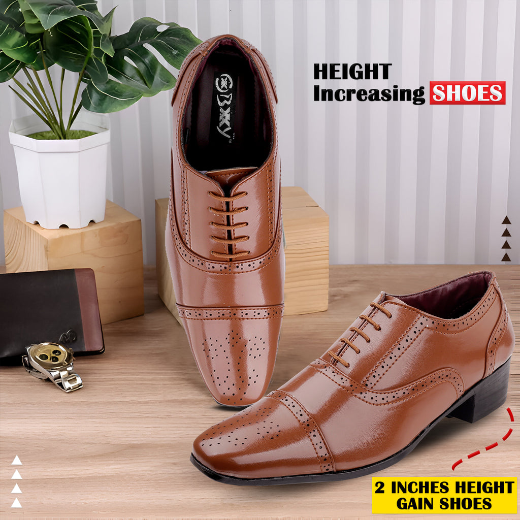 BAXXICO Mens Height Increasing Faux Vegan Leather Oxford Semi Brogue Formal Lace Up Shoes