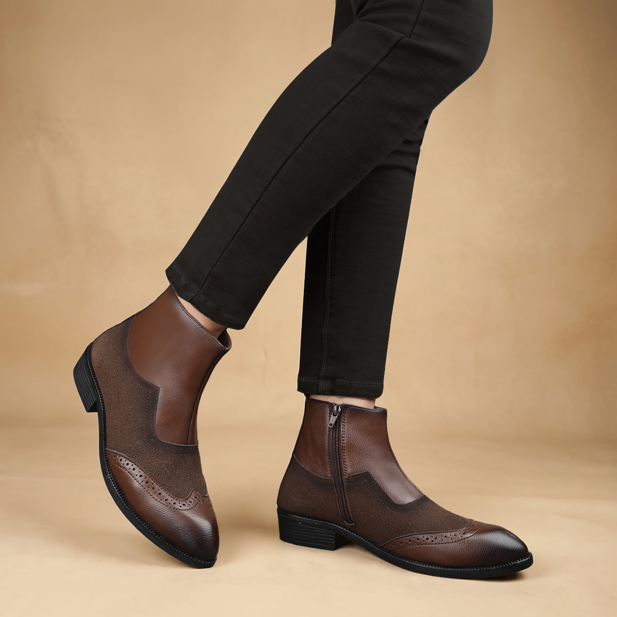 BAXXICO Luxury Elevated Heel Boots with Classic Brogue Texture Finish