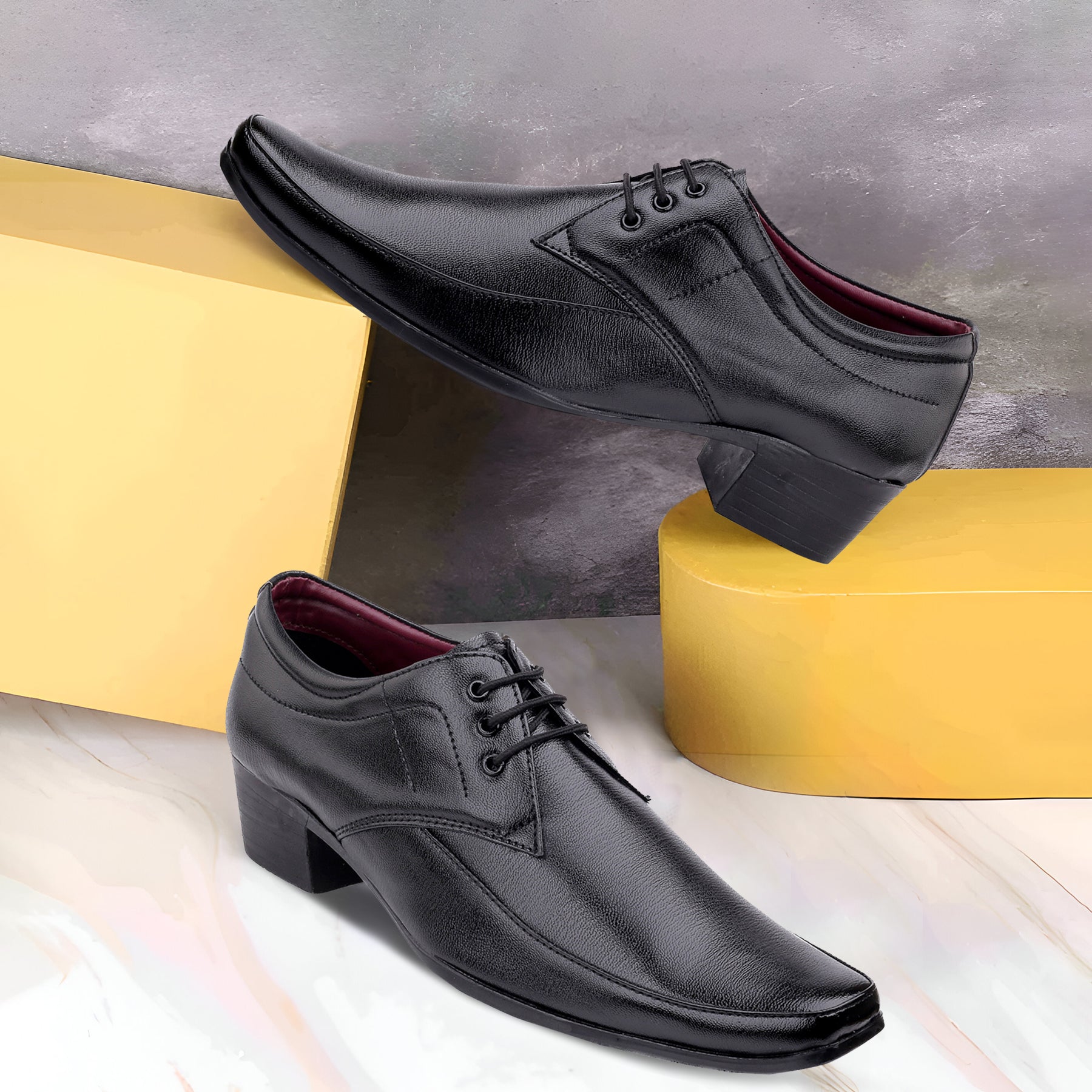 Mens Height Increasing Faux Upper Formal Derby Black Lace Up Shoes