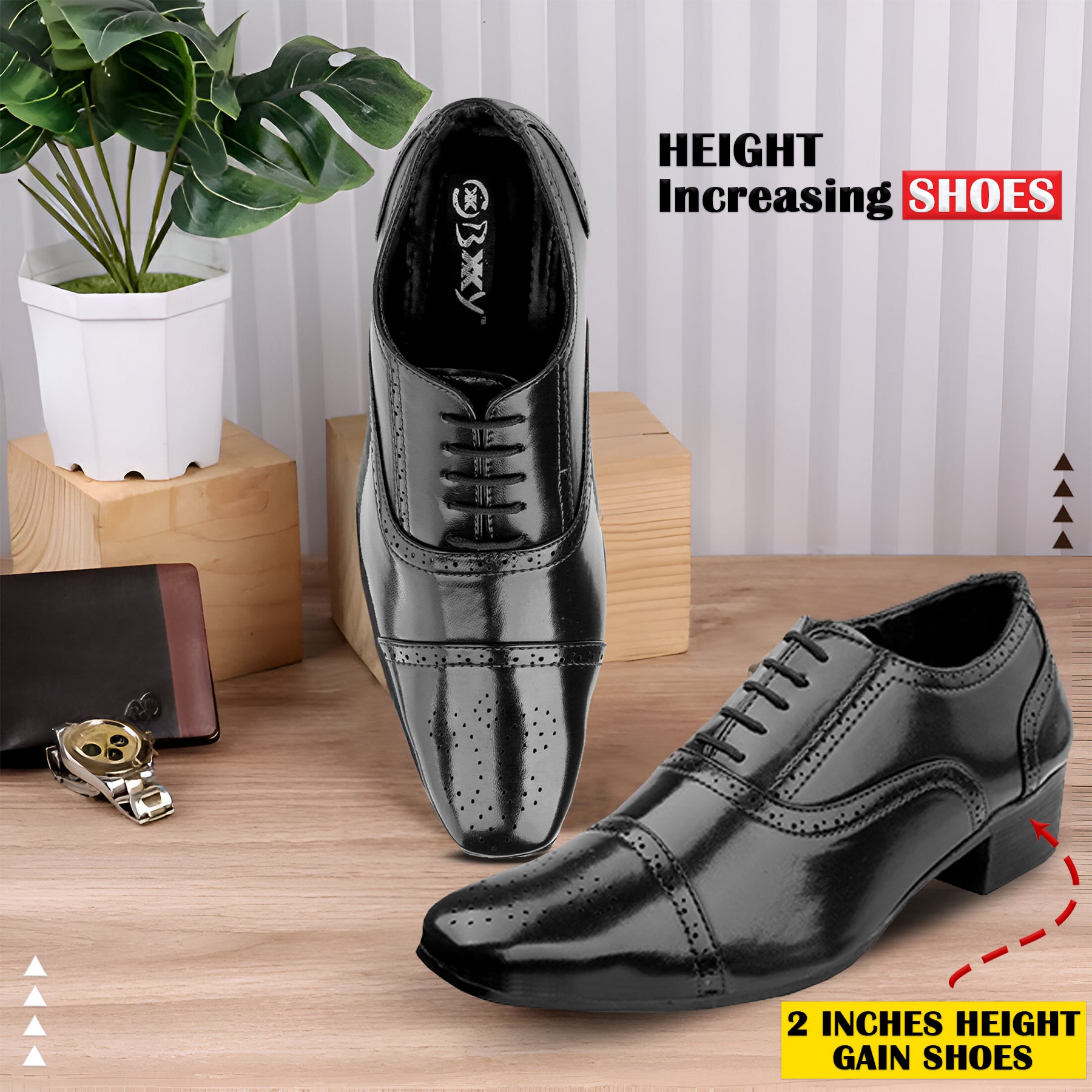 BAXXICO Mens Height Increasing Faux Vegan Leather Oxford Semi Brogue Formal Lace Up Shoes