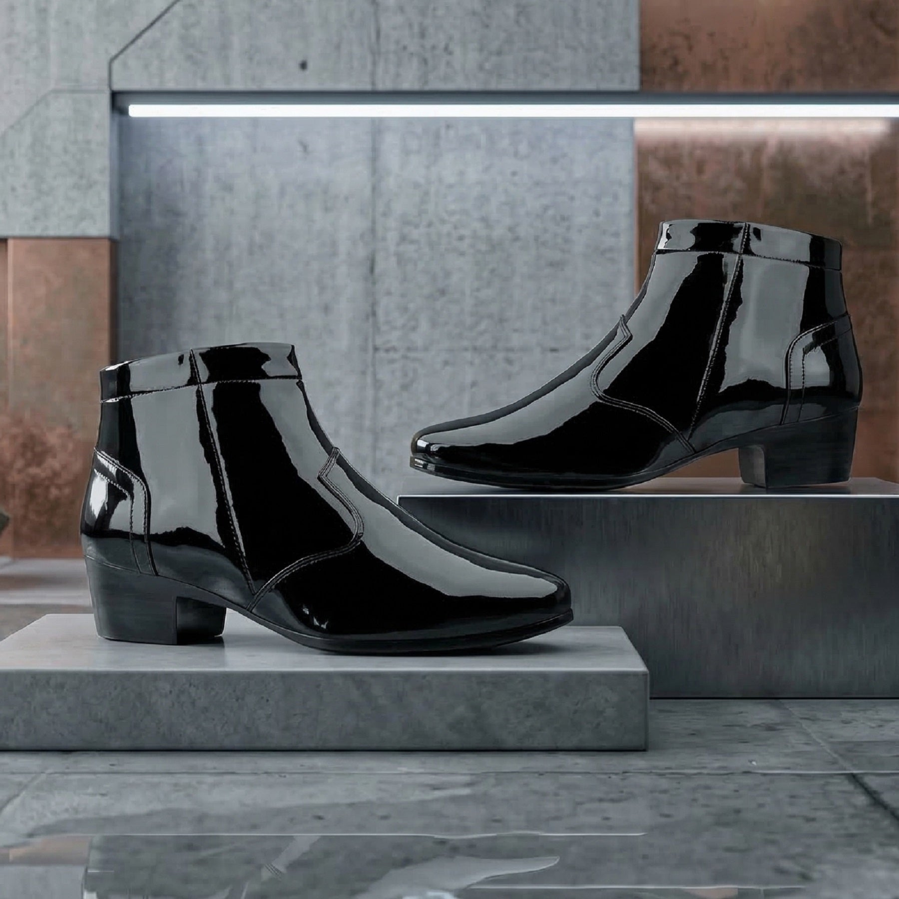Mens Premium Gloss Chelsea Boots 2 inch Built in Elevator Lift