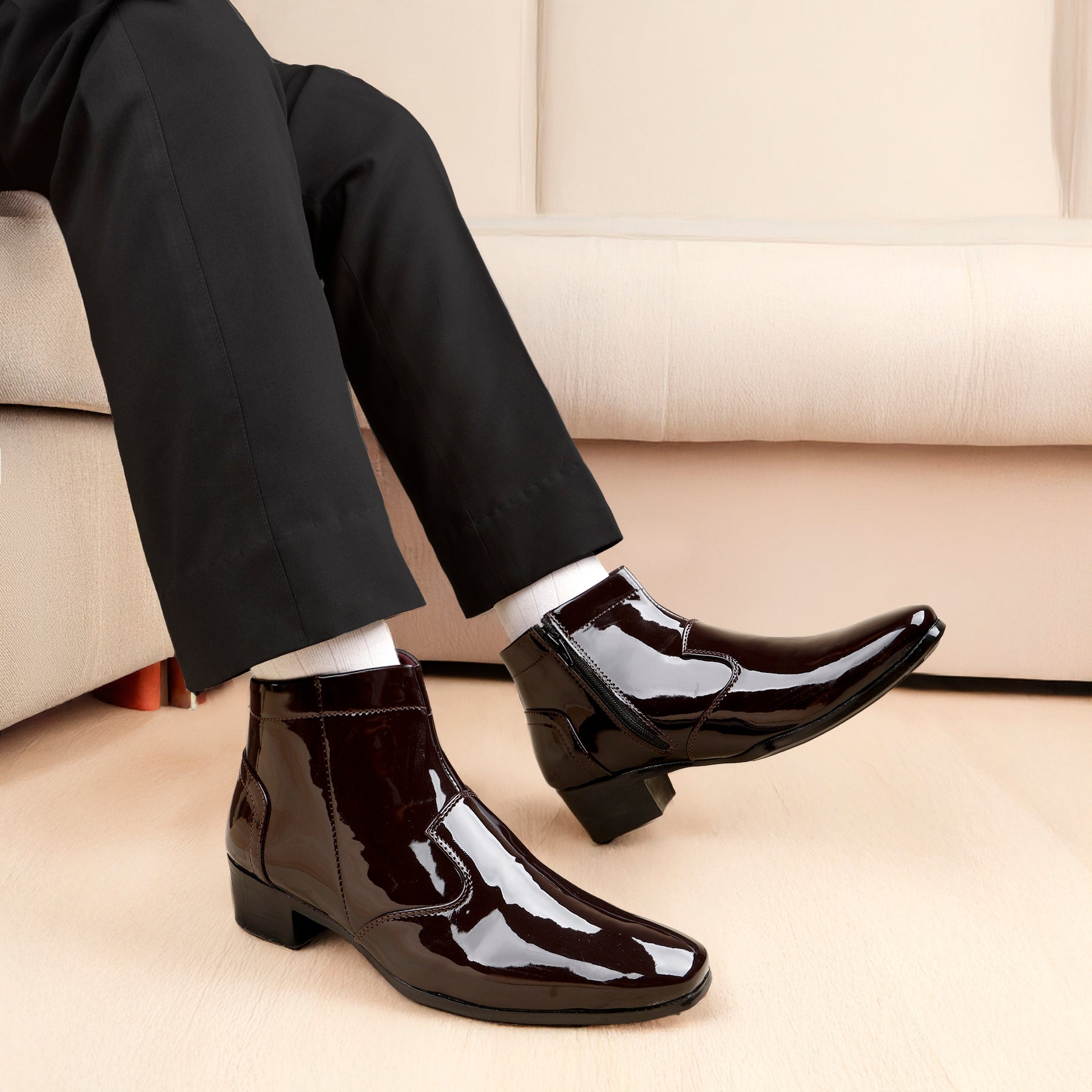 Mens Premium Gloss Chelsea Boots 2 inch Built in Elevator Lift