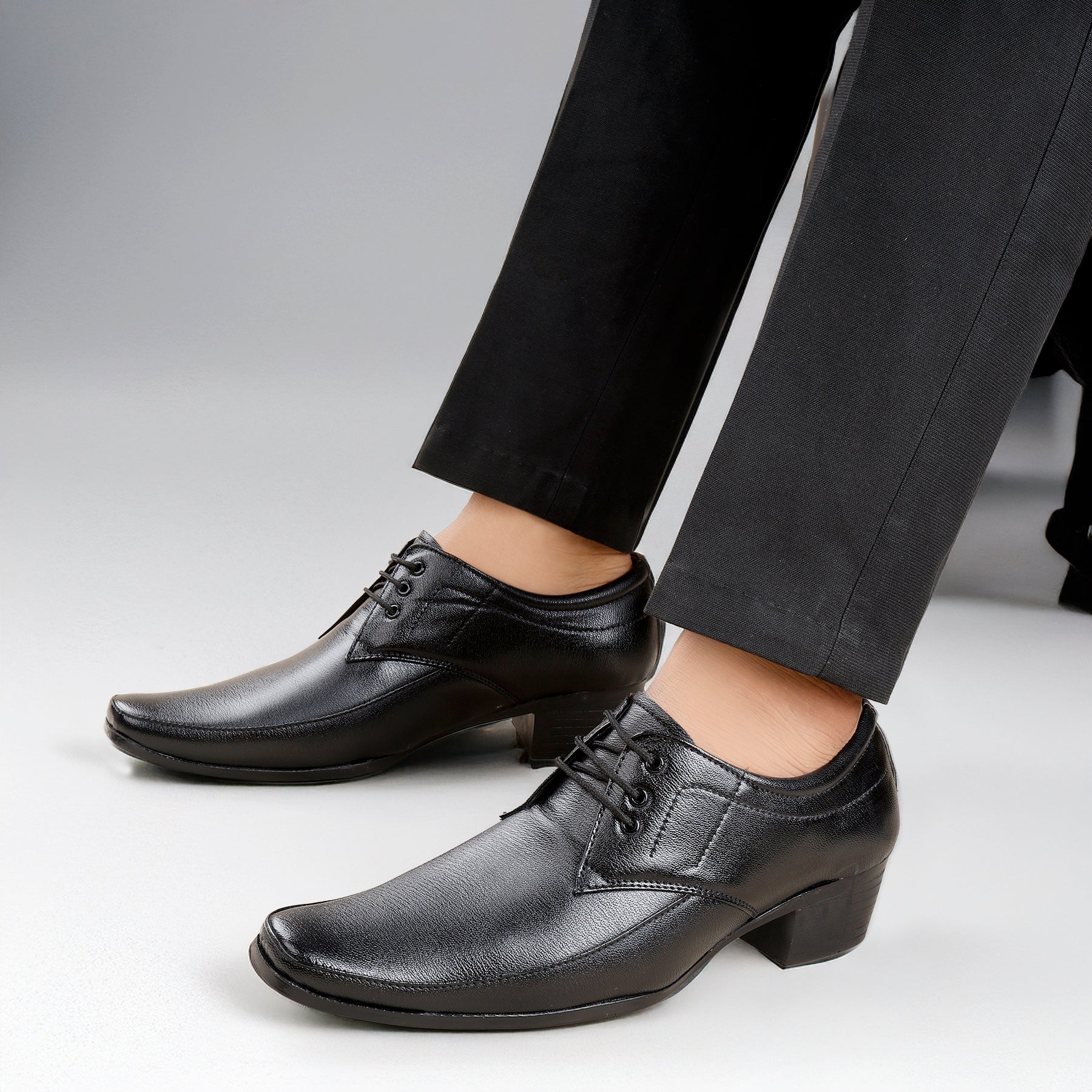 Mens Height Increasing Faux Upper Formal Derby Black Lace Up Shoes