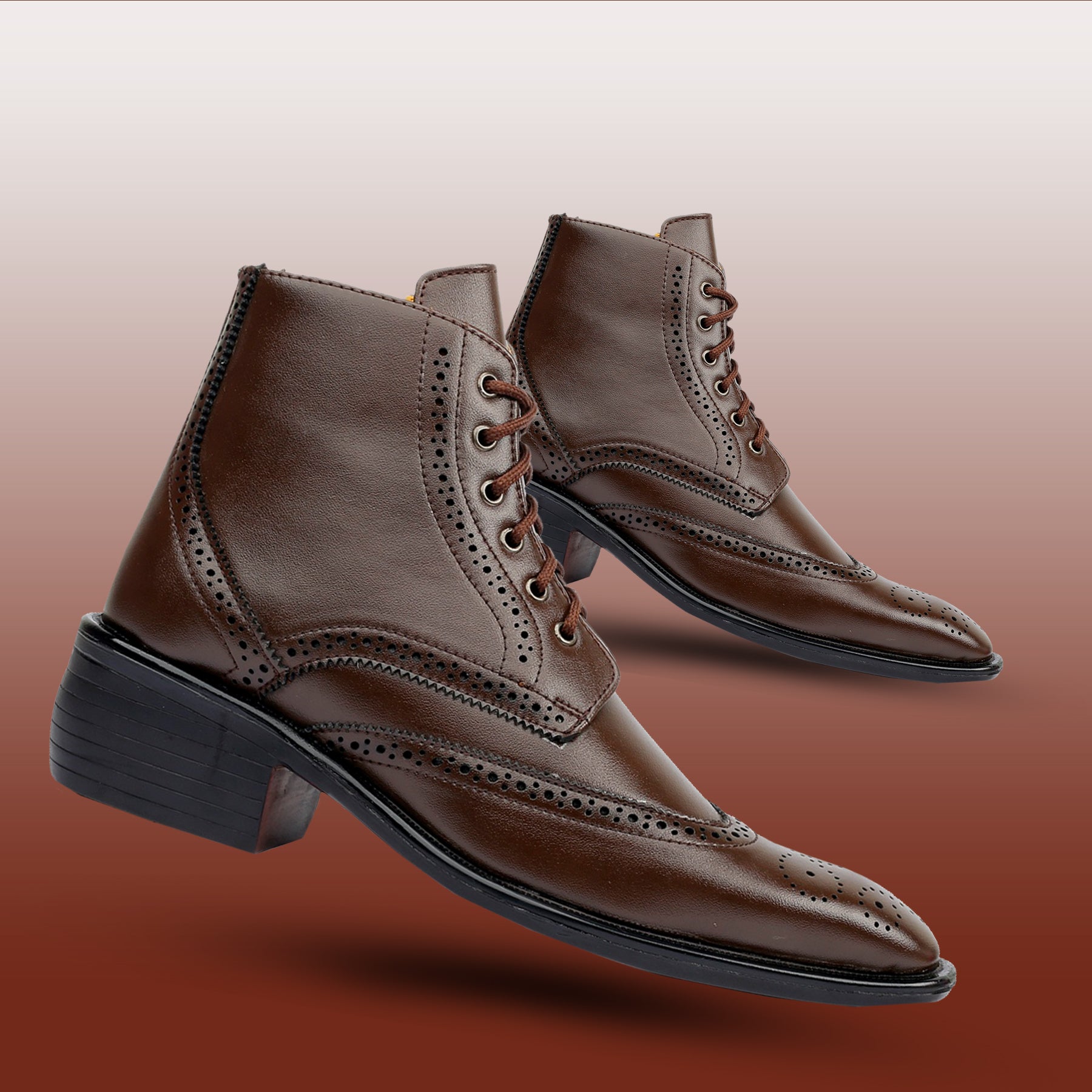 Baxxico Mens Height Increasing Semi-Formal Cow Boy Ankle Zipper Lace Up Brogue Boots