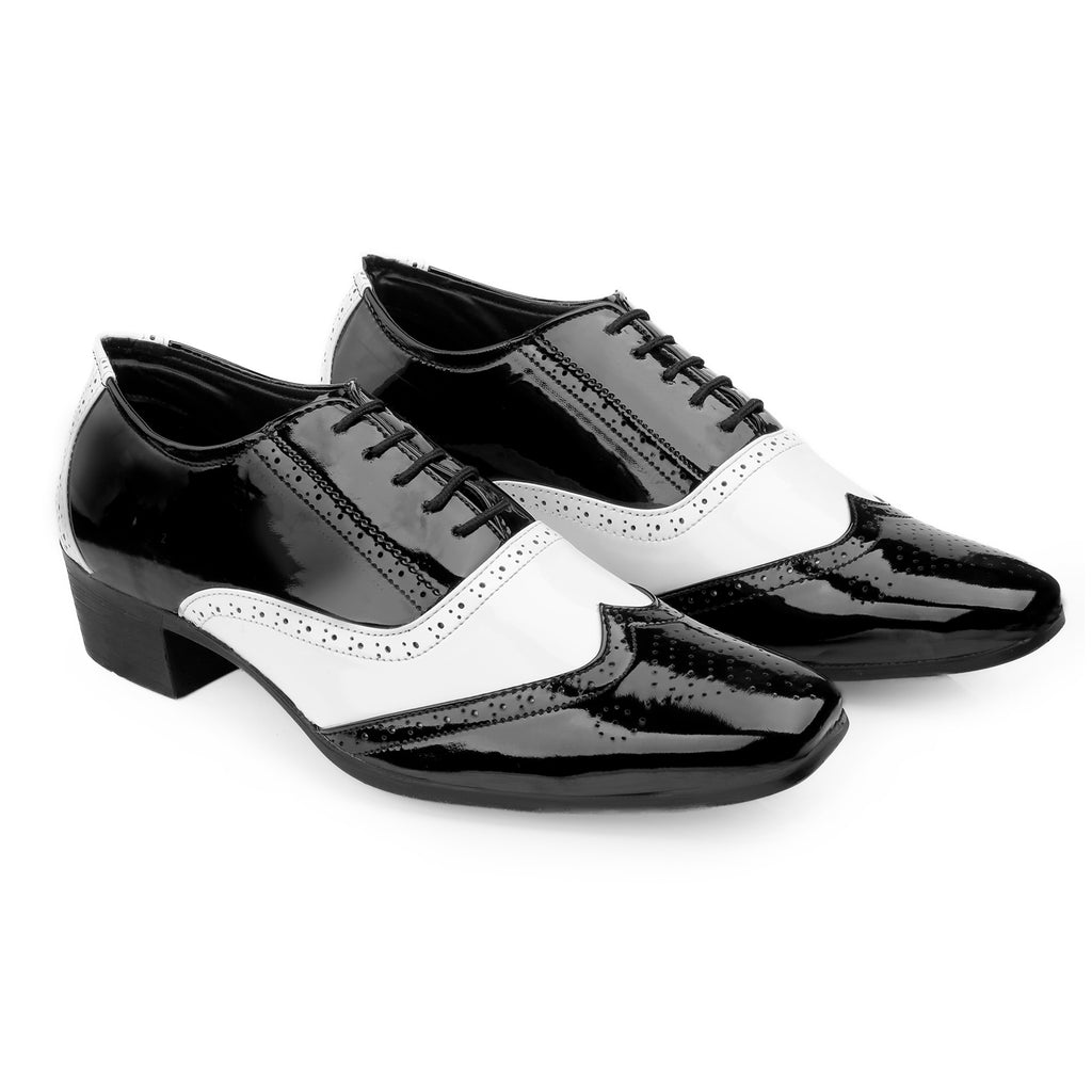 Mens Height Increasing Black and White Faux Vegan Leather Mafia Oxford Brogue Lace Up Shoes