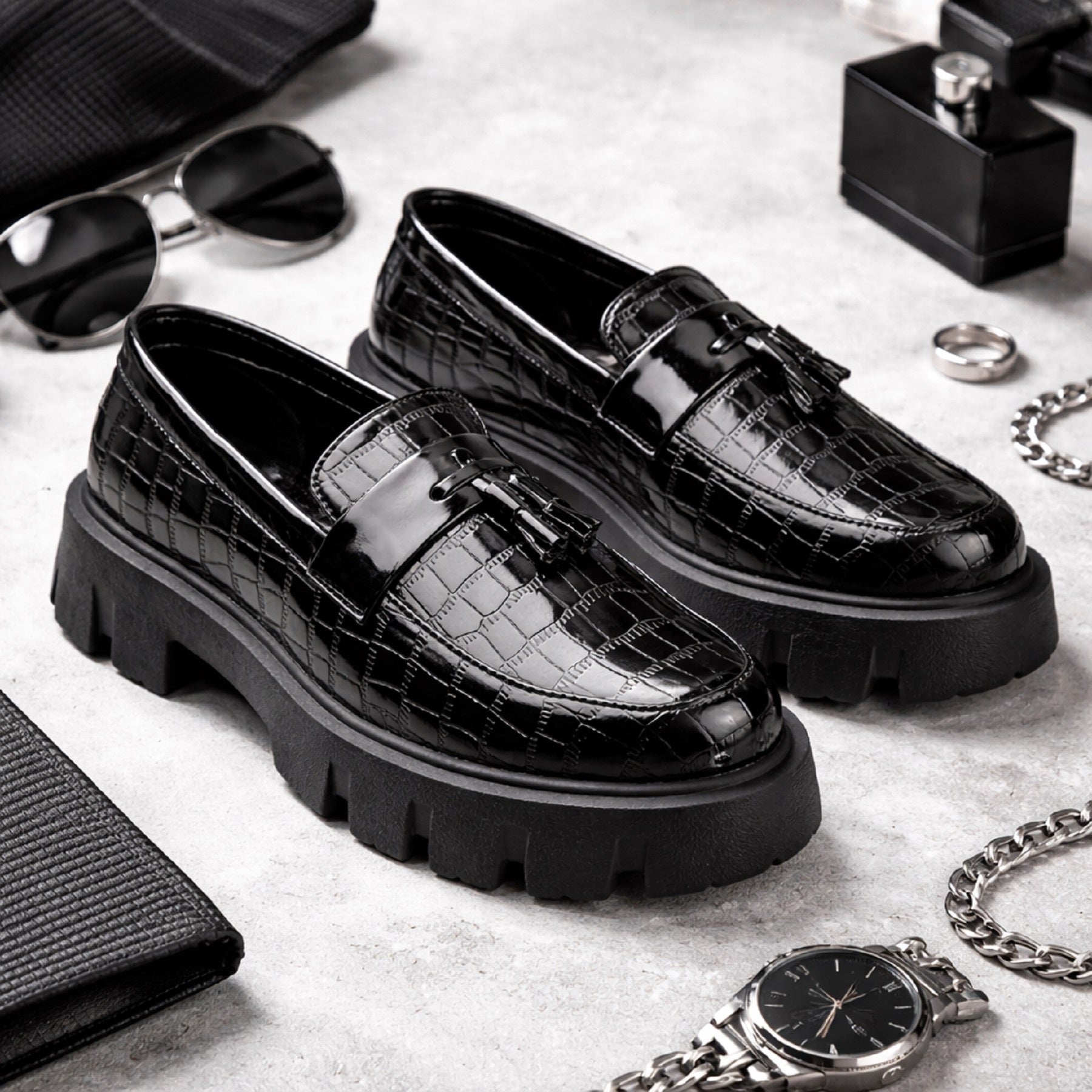 Baxxico Premium Patent Vegan Tassel Slip ons for Men