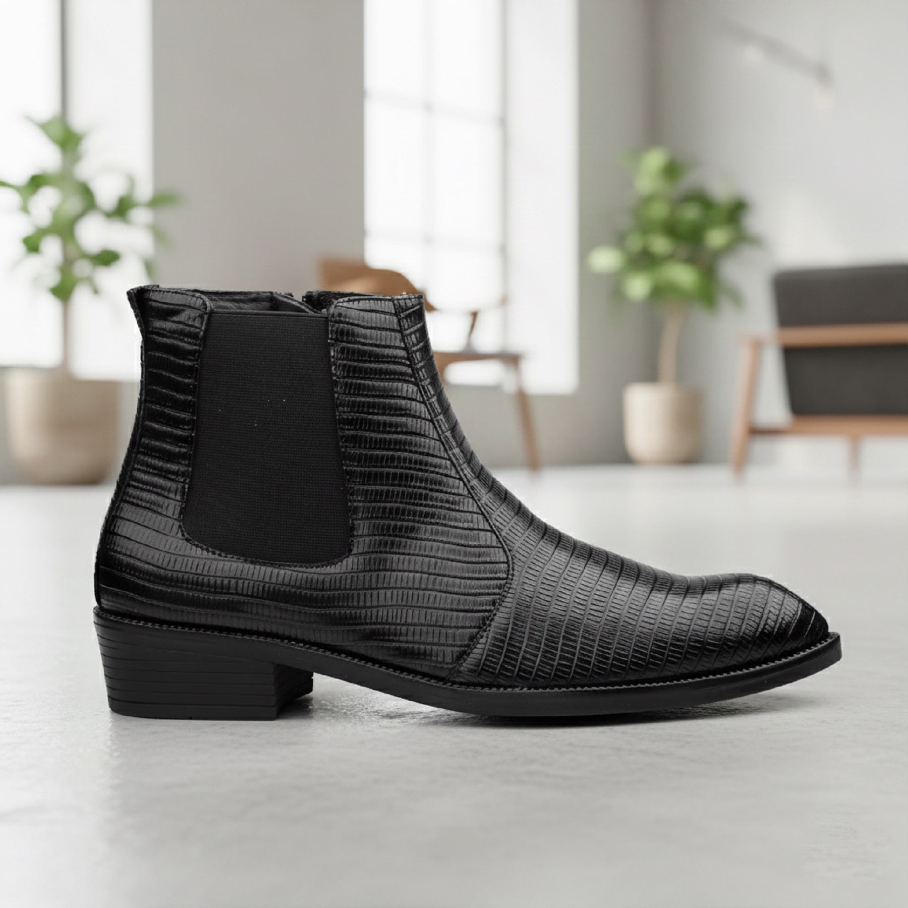 BAXXICO Mens Signature Black Patterned Vegan Leather Boot Dress to Impress