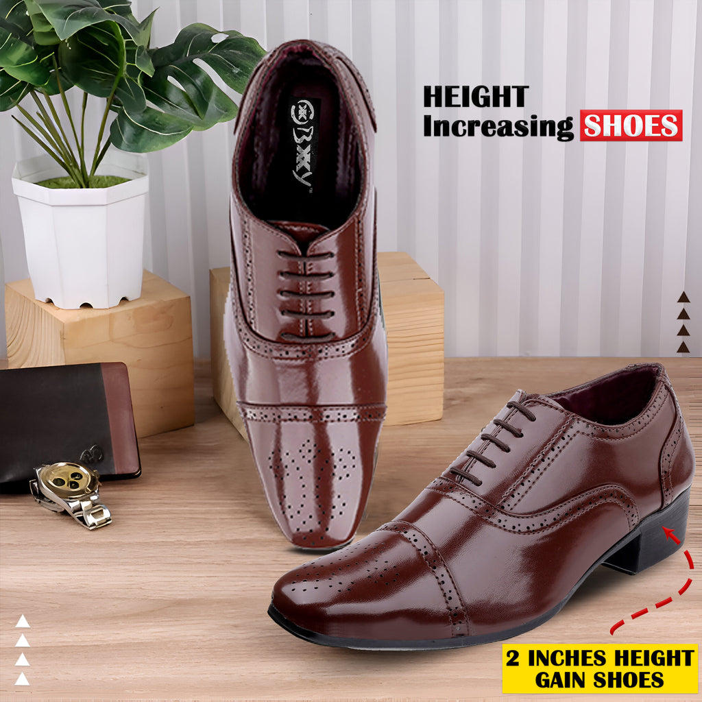 BAXXICO Mens Height Increasing Faux Vegan Leather Oxford Semi Brogue Formal Lace Up Shoes