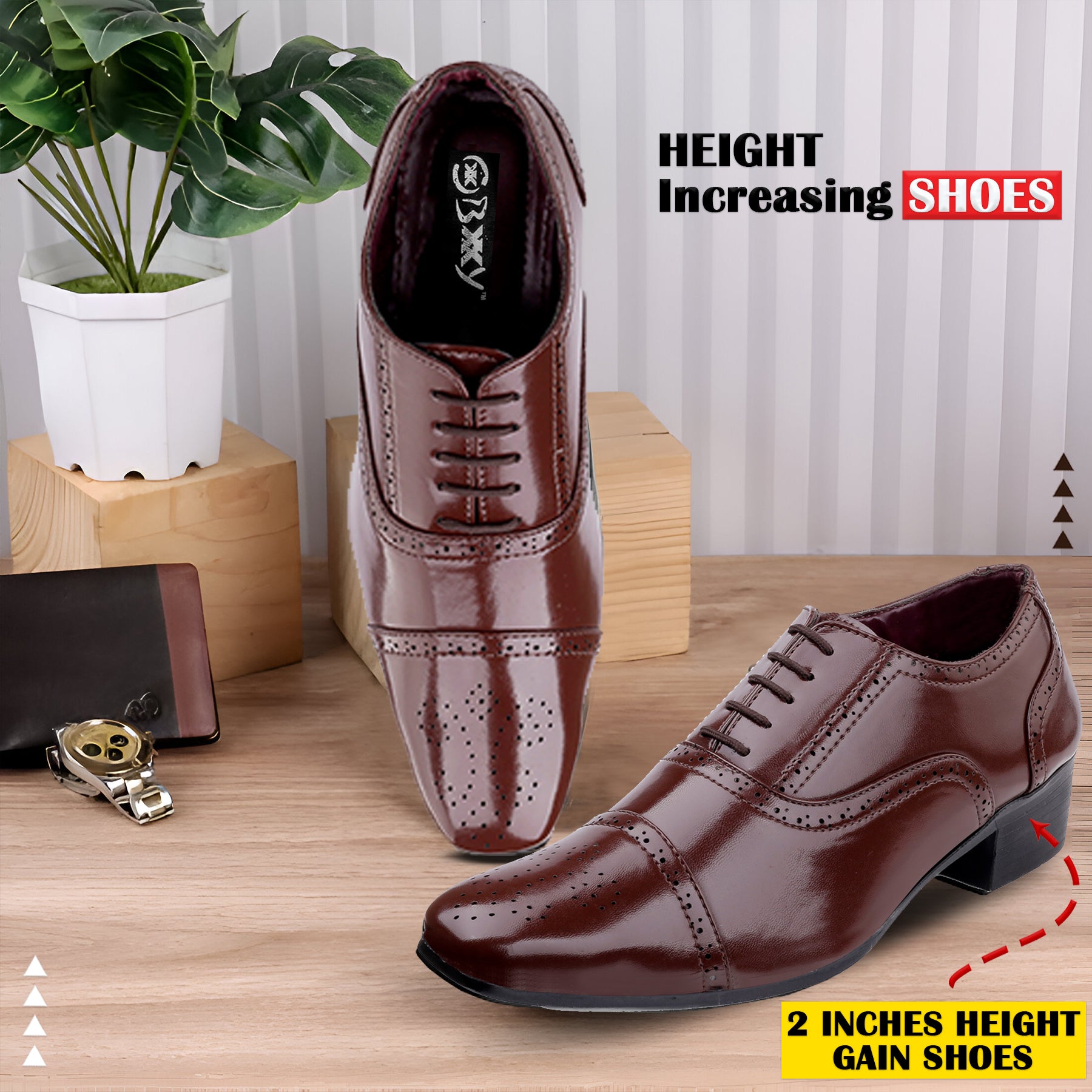 BAXXICO Mens Height Increasing Faux Vegan Leather Oxford Semi Brogue Formal Lace Up Shoes