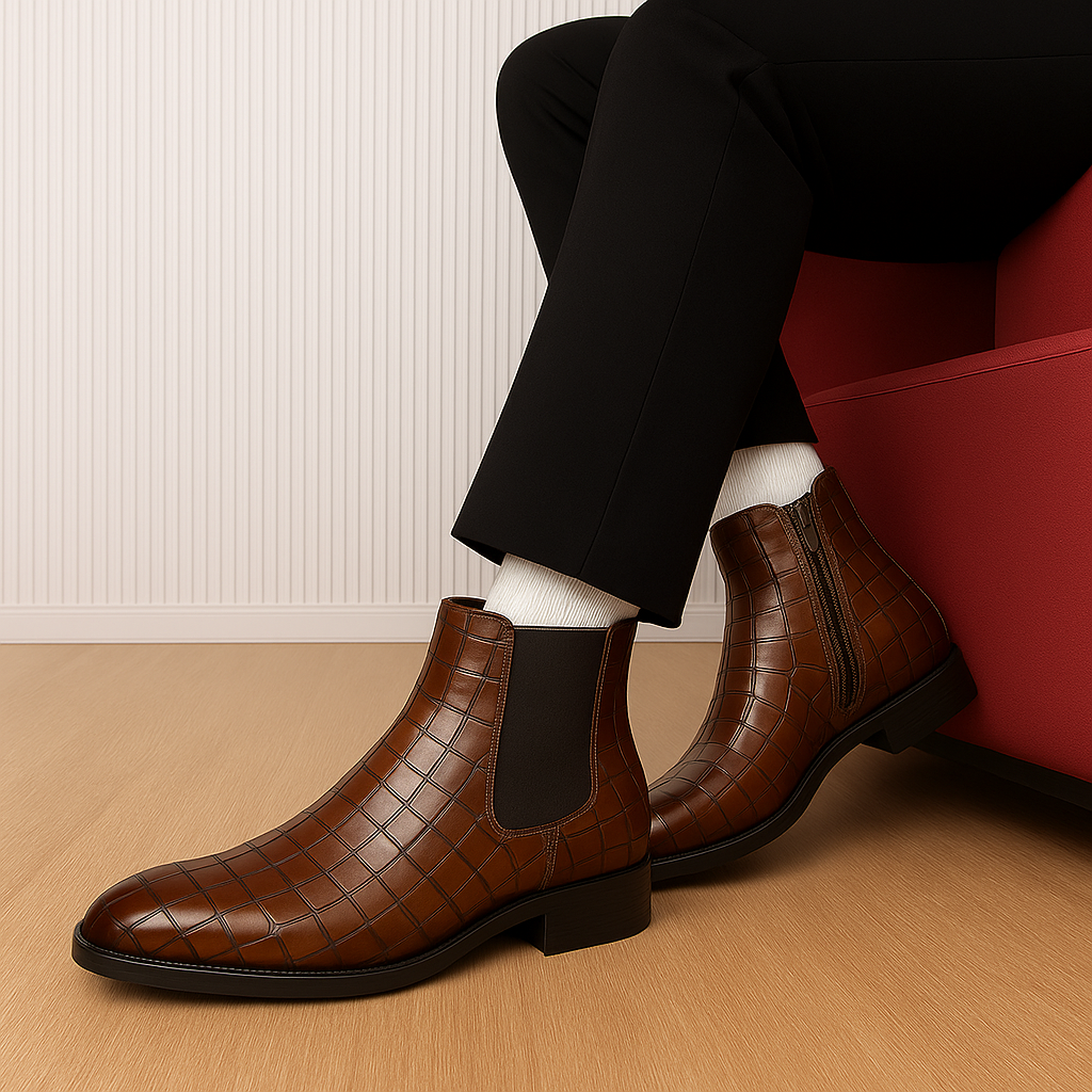 BAXXICO Mens Designer Croc Pattern Chelsea Boots Premium Vegan Leather & Classic Style
