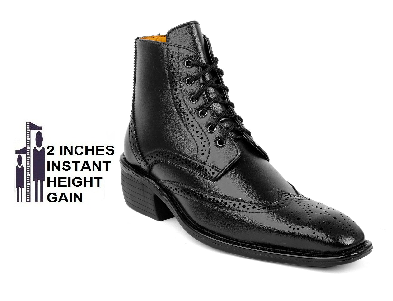 Baxxico Mens Height Increasing Semi-Formal Cow Boy Ankle Zipper Lace Up Brogue Boots