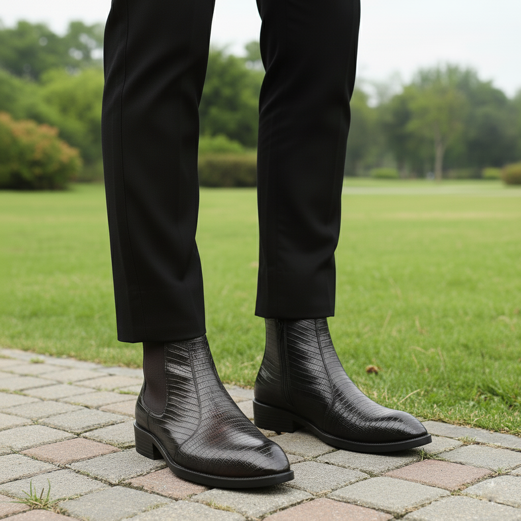 BAXXICO Mens Signature Black Patterned Vegan Leather Boot Dress to Impress
