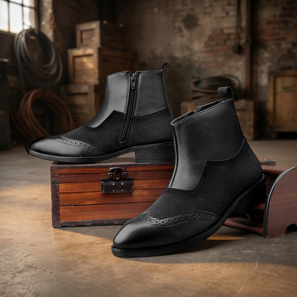 BAXXICO Luxury Elevated Heel Boots with Classic Brogue Texture Finish