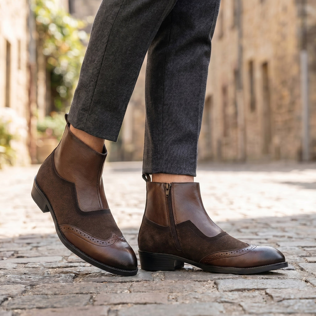 BAXXICO Luxury Elevated Heel Boots with Classic Brogue Texture Finish