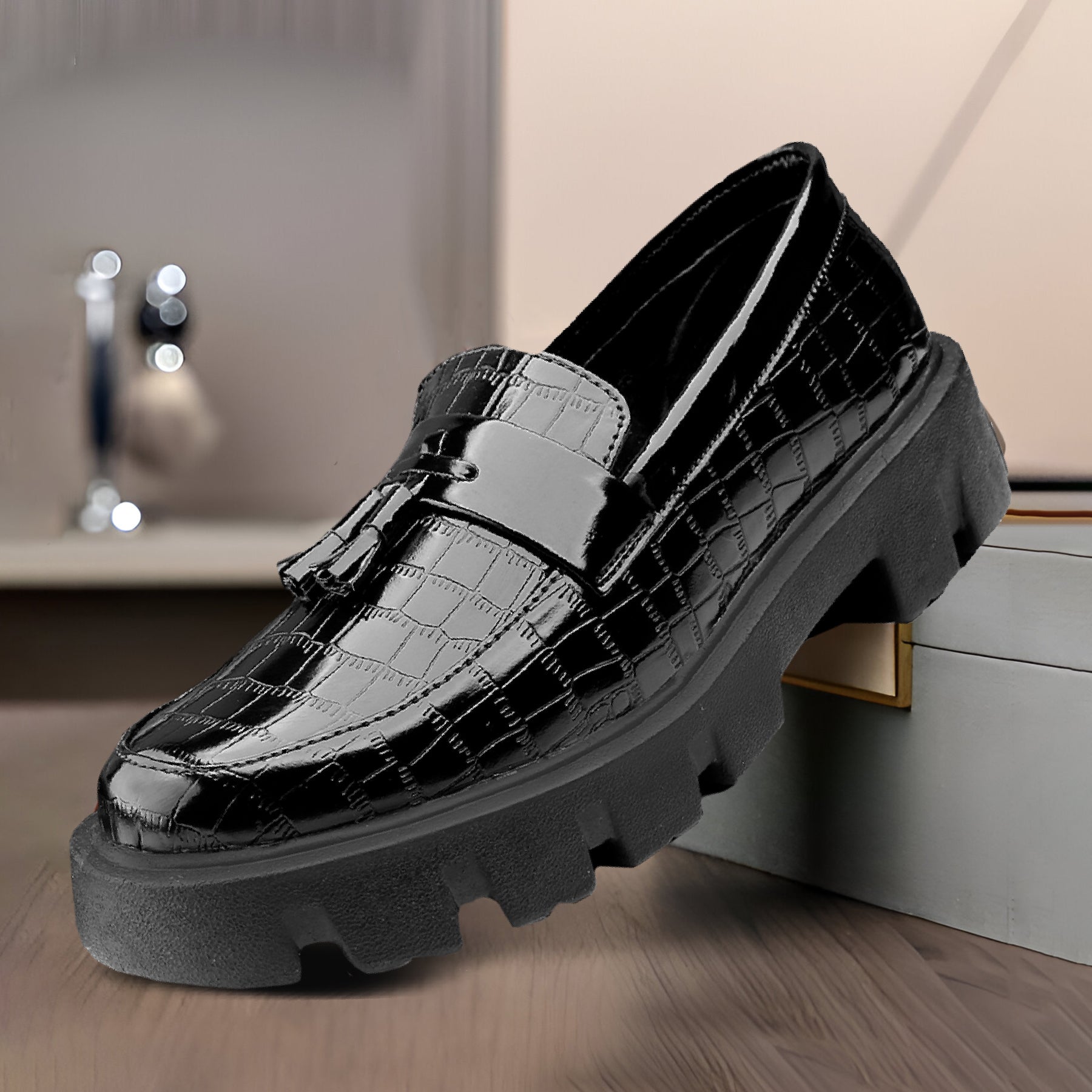 Baxxico Premium Patent Vegan Tassel Slip ons for Men