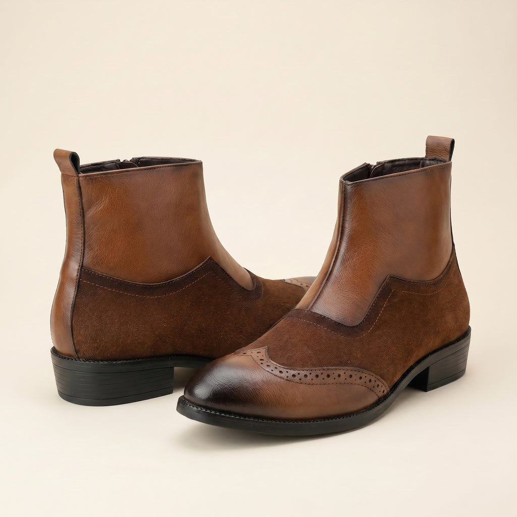 BAXXICO Luxury Elevated Heel Boots with Classic Brogue Texture Finish
