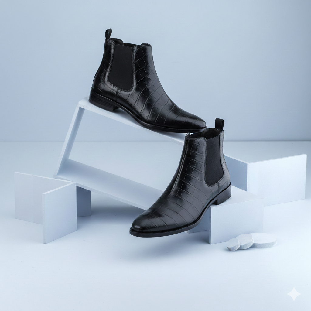 BAXXICO Mens Designer Croc Pattern Chelsea Boots Premium Vegan Leather & Classic Style