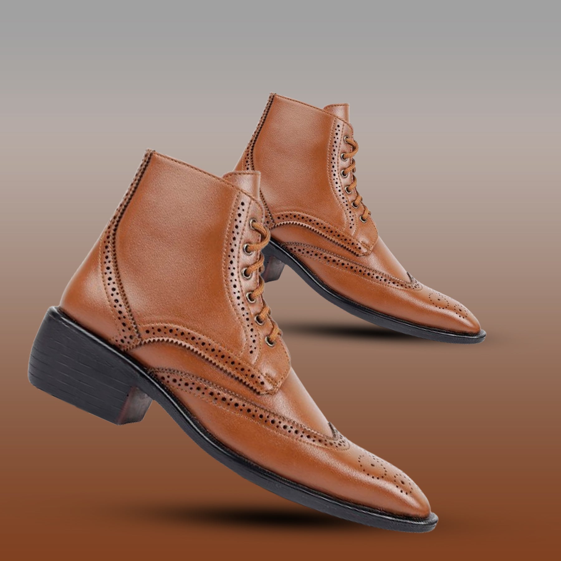 Baxxico Mens Height Increasing Semi-Formal Cow Boy Ankle Zipper Lace Up Brogue Boots