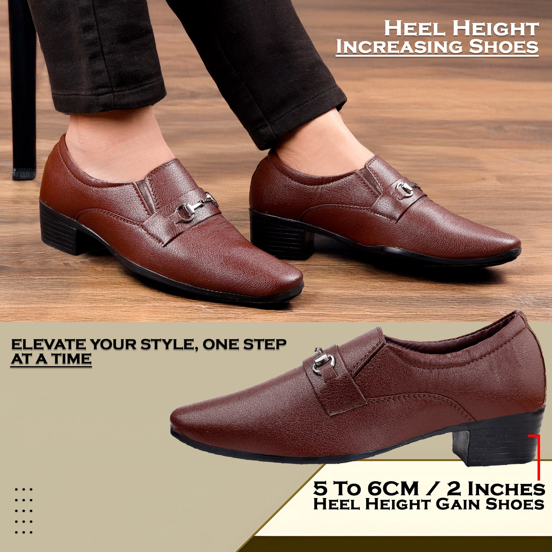 BAXXICO Mens Formal Height Increasing Slip On Buckle Shoes