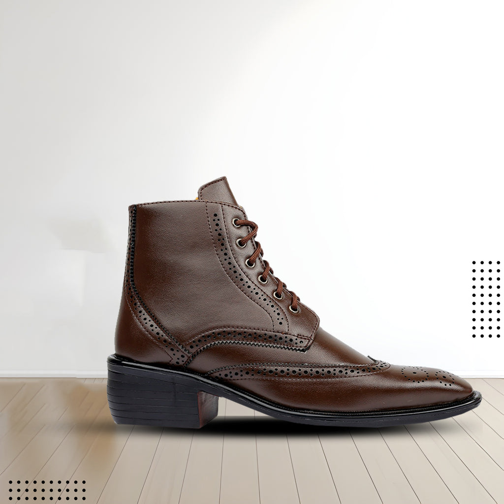 Baxxico Mens Height Increasing Semi-Formal Cow Boy Ankle Zipper Lace Up Brogue Boots