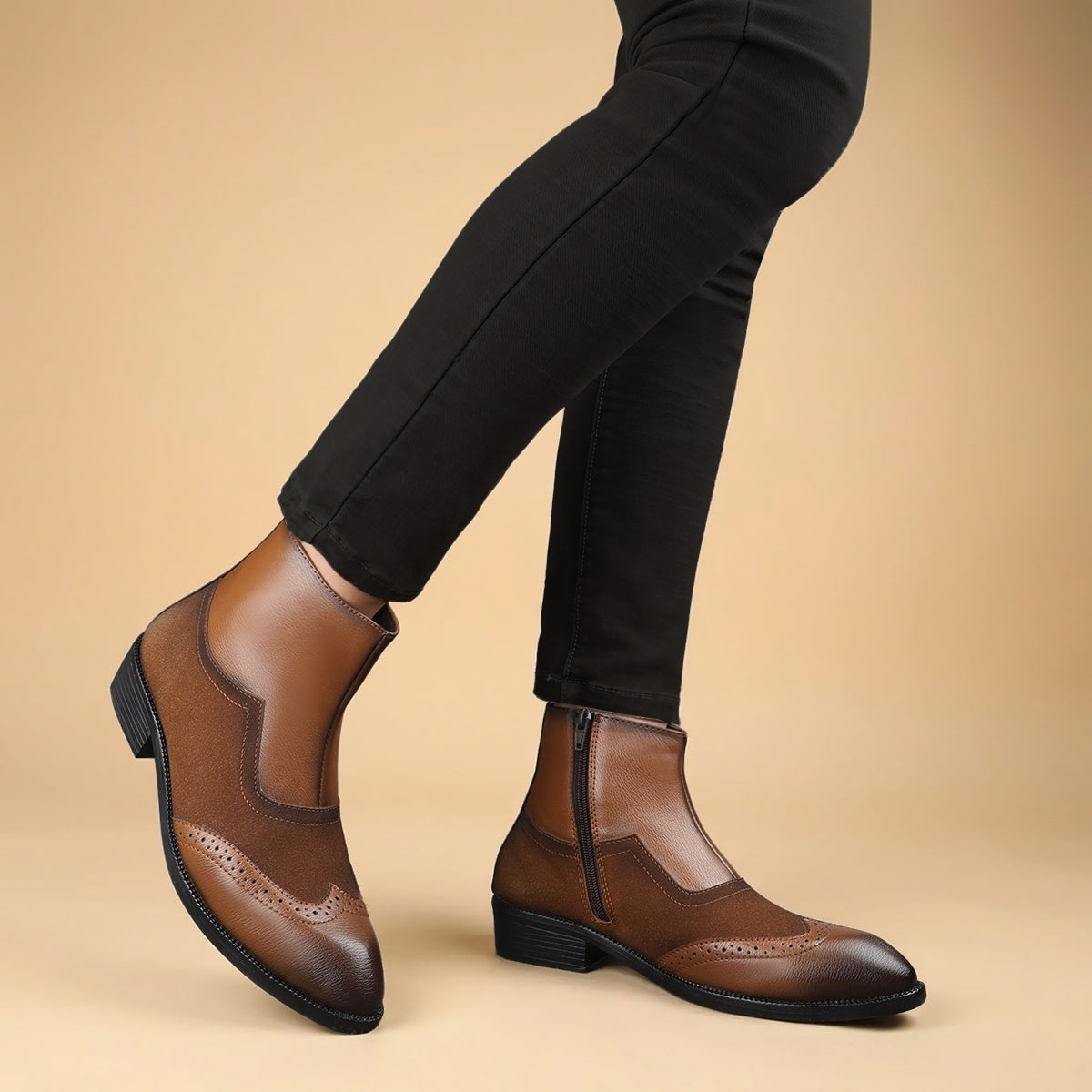 BAXXICO Luxury Elevated Heel Boots with Classic Brogue Texture Finish