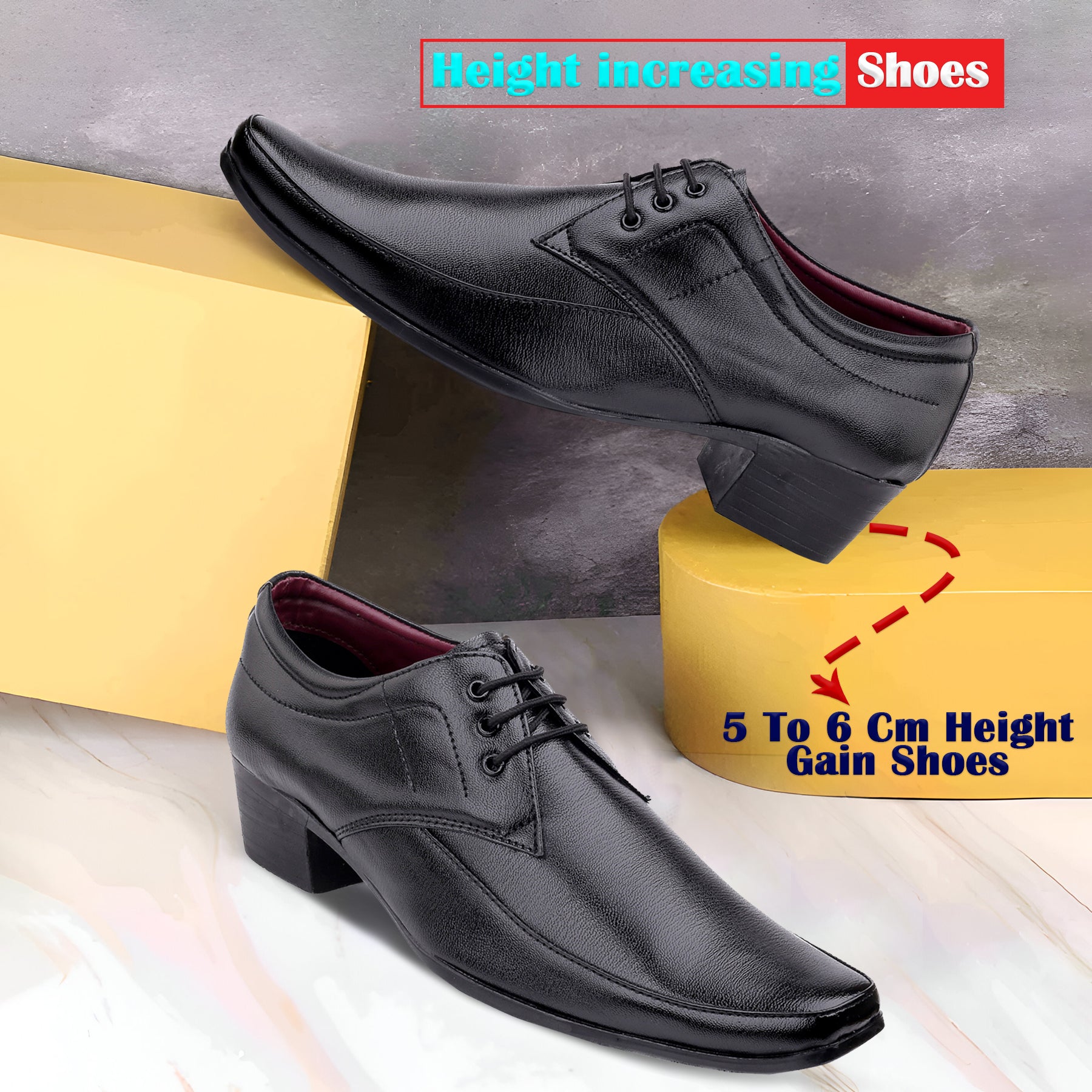 Mens Height Increasing Faux Upper Formal Derby Black Lace Up Shoes