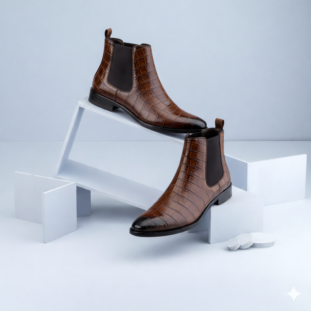 BAXXICO Mens Designer Croc Pattern Chelsea Boots Premium Vegan Leather & Classic Style