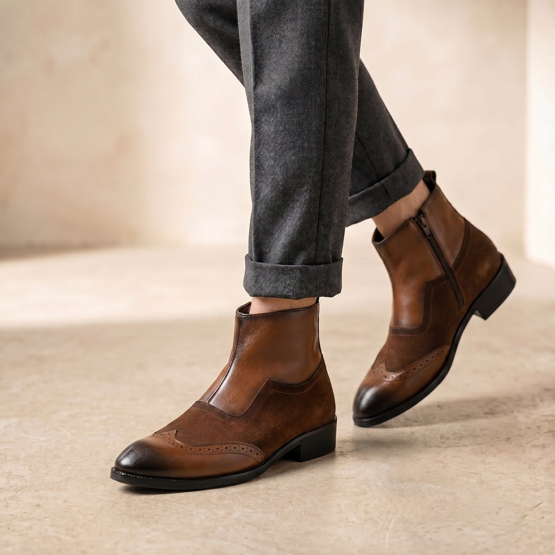 BAXXICO Luxury Elevated Heel Boots with Classic Brogue Texture Finish