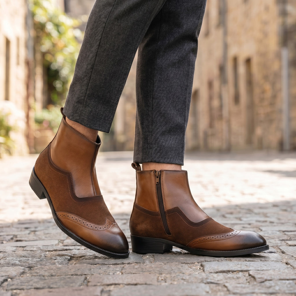 BAXXICO Luxury Elevated Heel Boots with Classic Brogue Texture Finish