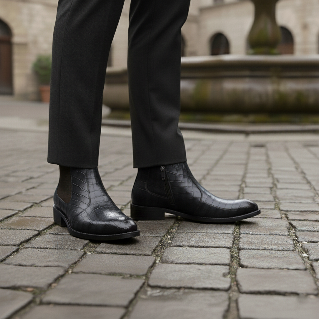 BAXXICO Mens Designer Croc Pattern Chelsea Boots Premium Vegan Leather & Classic Style