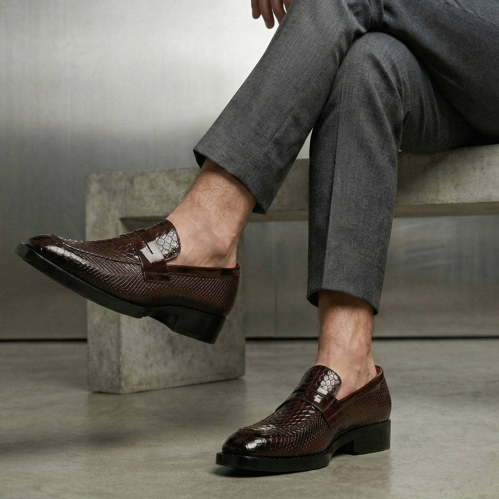 BAXXICO Premium Crocodile Texture Loafers with Elevated Heel Design