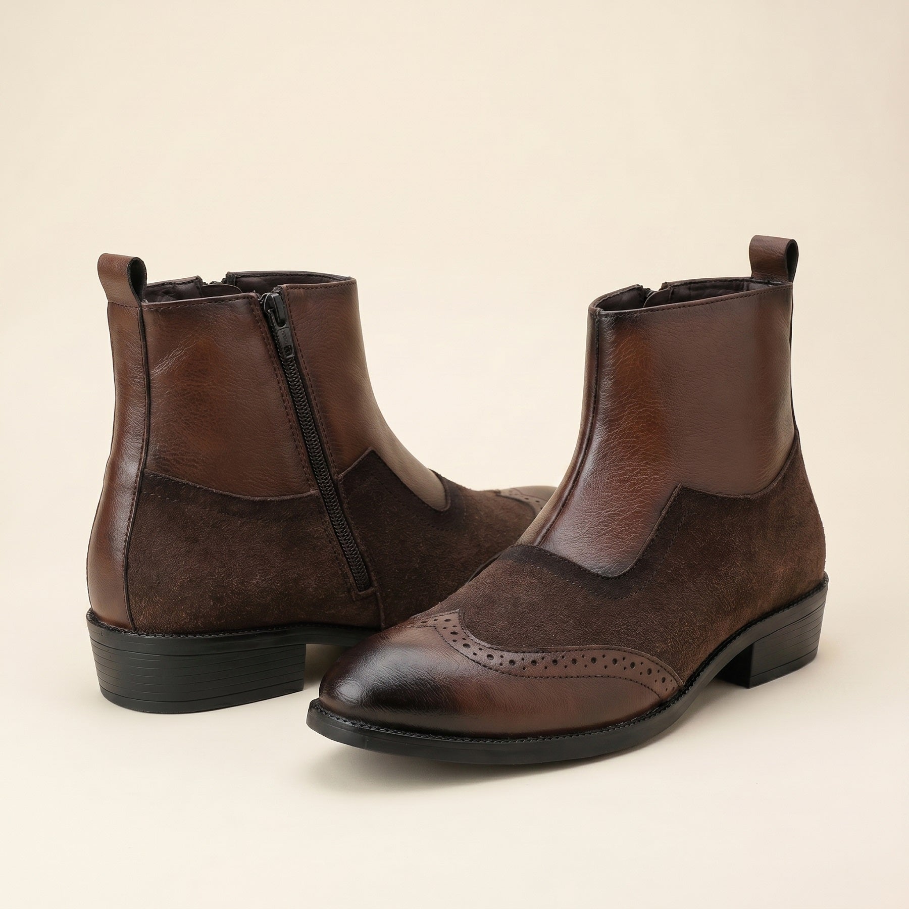 BAXXICO Luxury Elevated Heel Boots with Classic Brogue Texture Finish