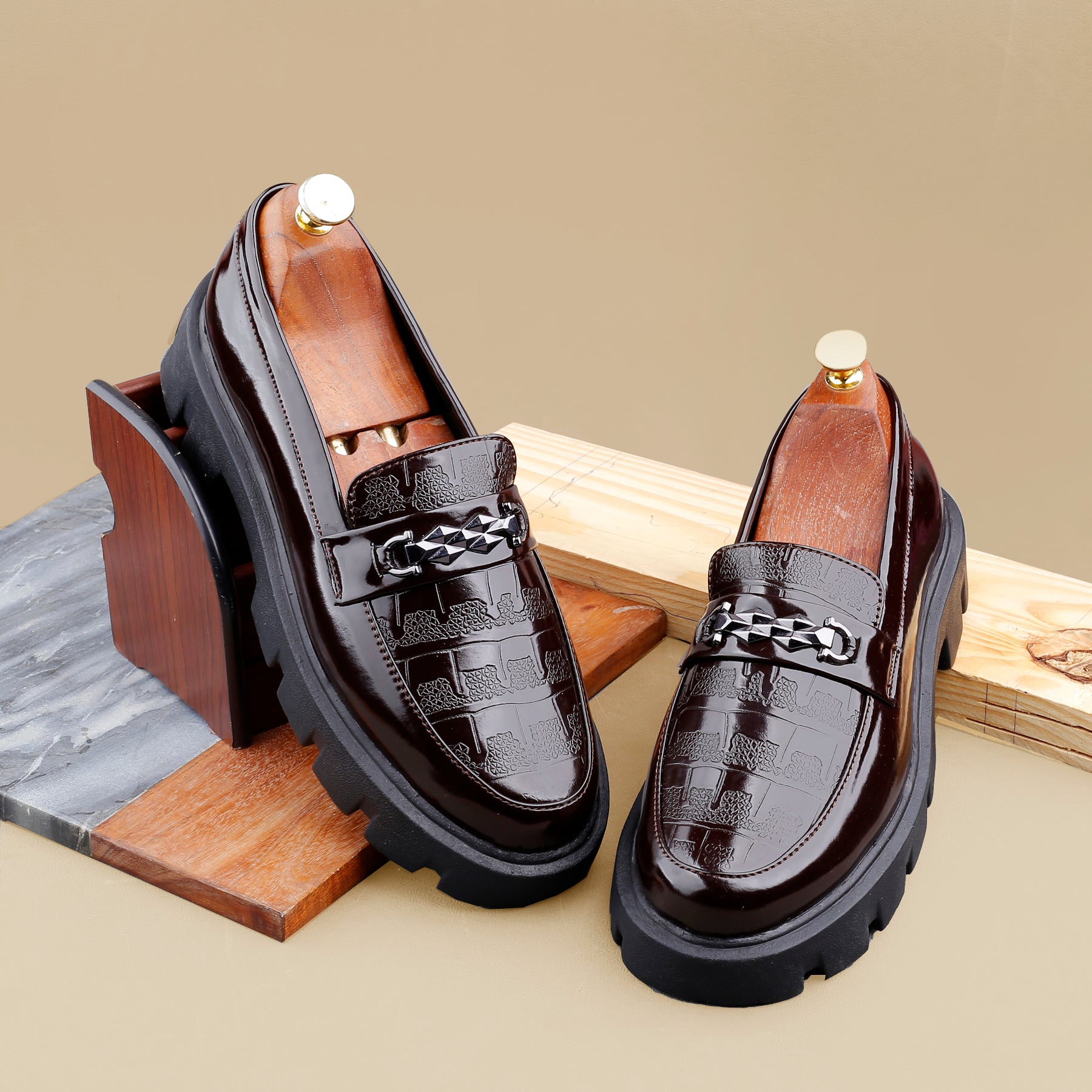 Baxxico Premium Patent Vegan Buckle Slip ons for Men