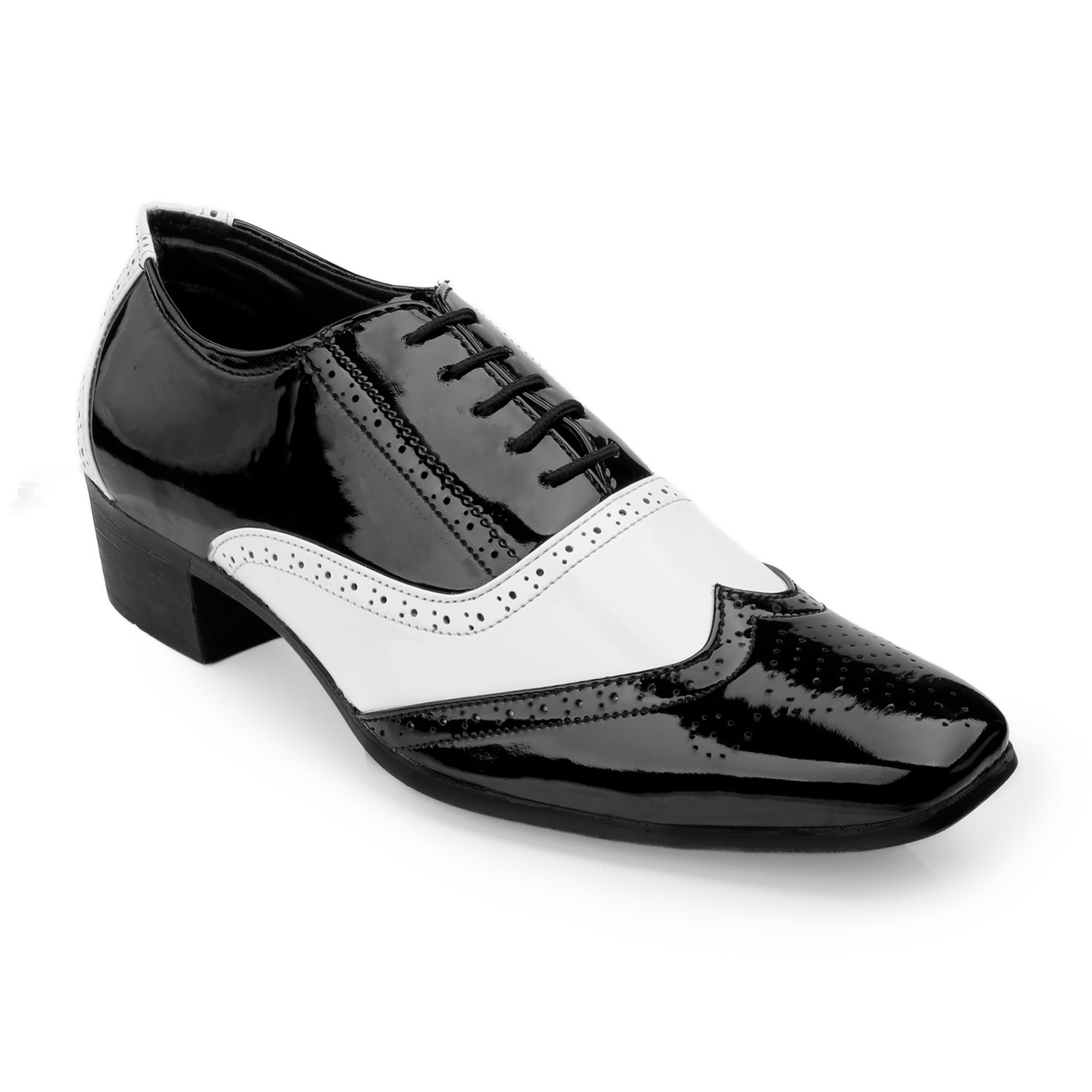 Mens Height Increasing Black and White Faux Vegan Leather Mafia Oxford Brogue Lace Up Shoes