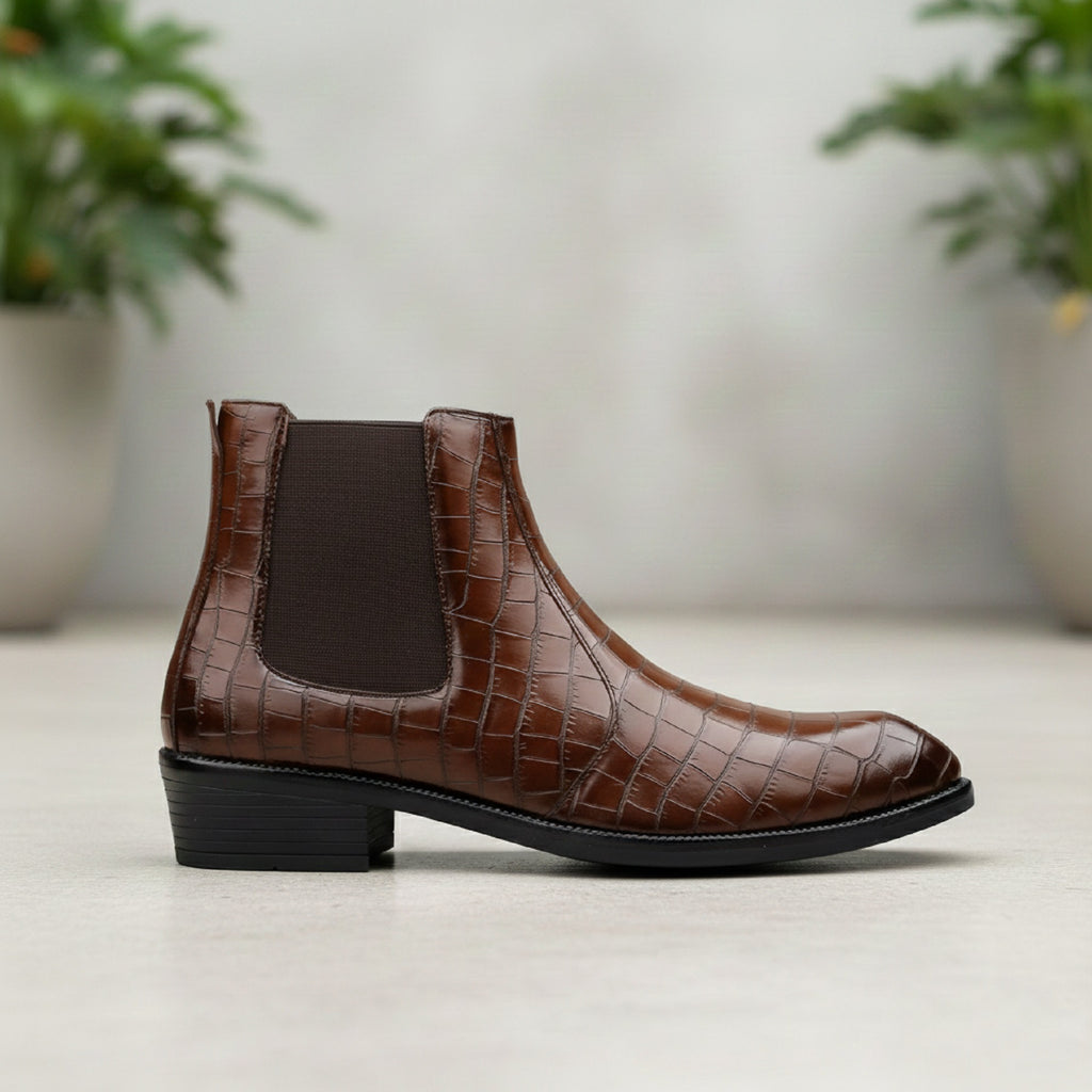 BAXXICO Mens Designer Croc Pattern Chelsea Boots Premium Vegan Leather & Classic Style