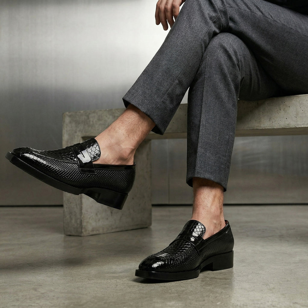 BAXXICO Premium Crocodile Texture Loafers with Elevated Heel Design