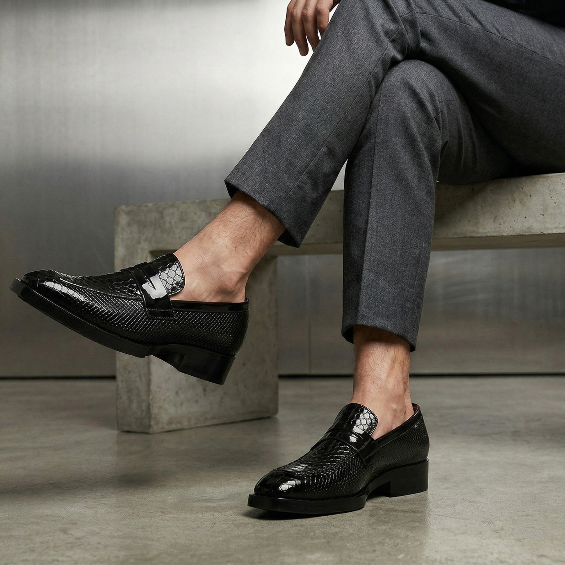 BAXXICO Premium Crocodile Texture Loafers with Elevated Heel Design