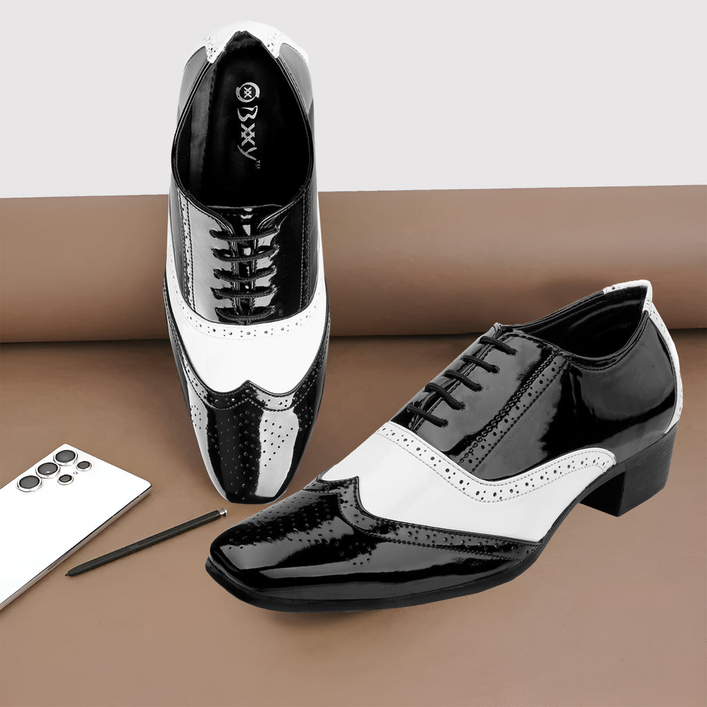 Mens Height Increasing Black and White Faux Vegan Leather Mafia Oxford Brogue Lace Up Shoes