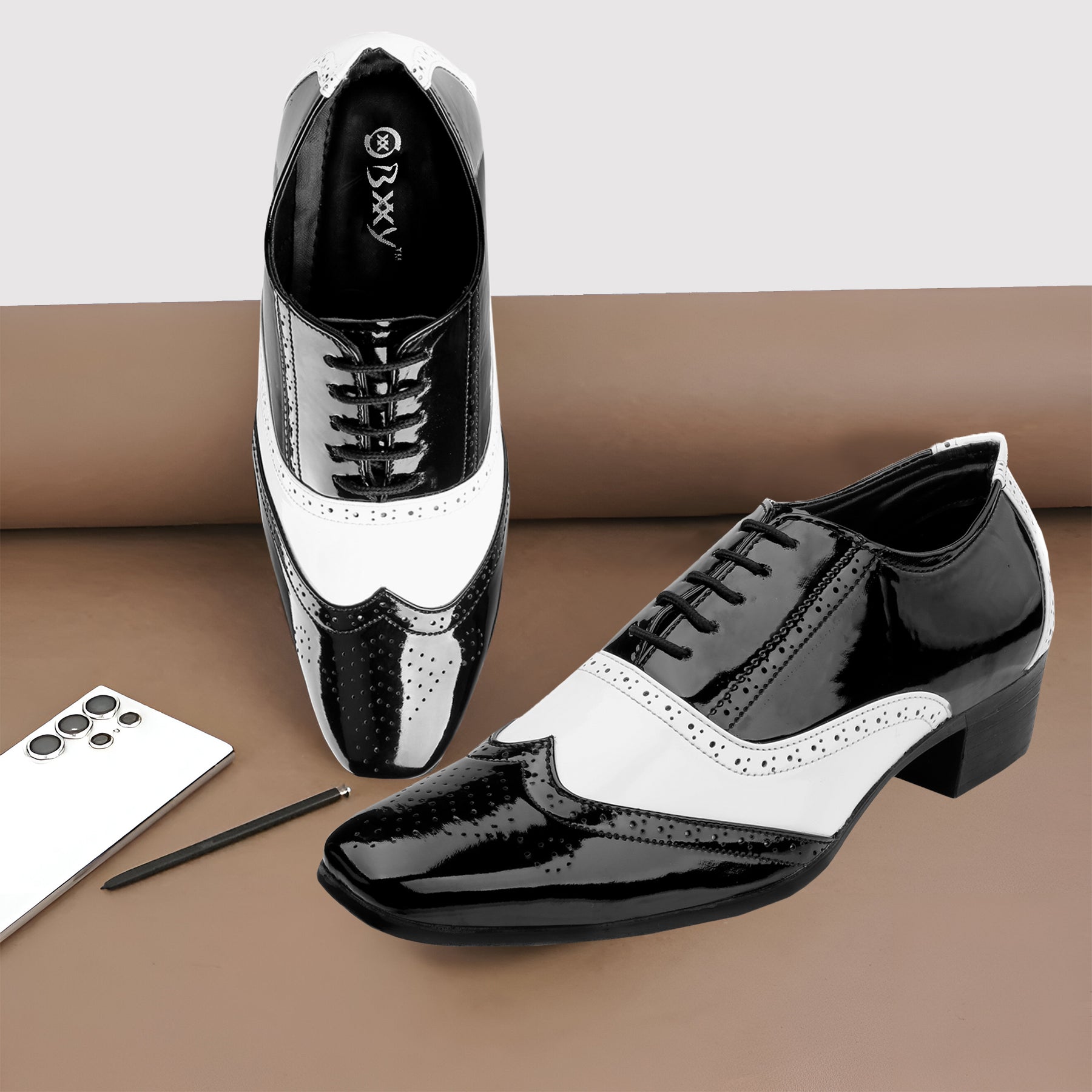 Mens Height Increasing Black and White Faux Vegan Leather Mafia Oxford Brogue Lace Up Shoes
