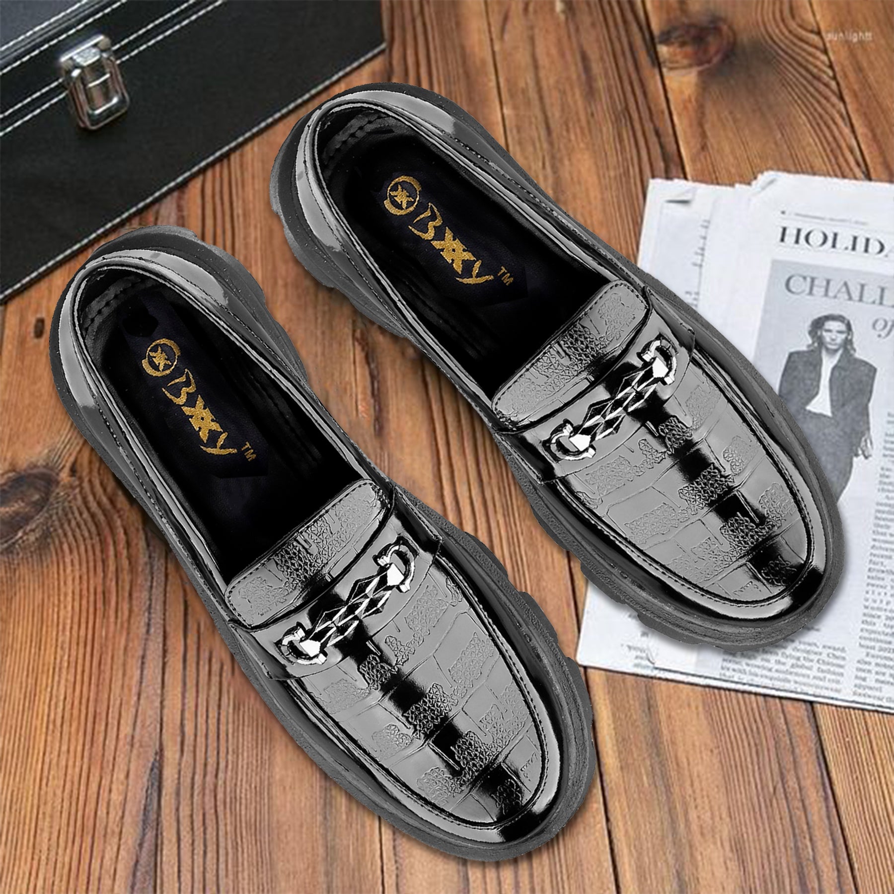 Baxxico Premium Patent Vegan Buckle Slip ons for Men