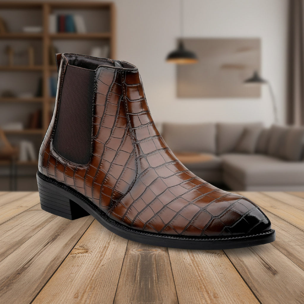 BAXXICO Mens Designer Croc Pattern Chelsea Boots Premium Vegan Leather & Classic Style