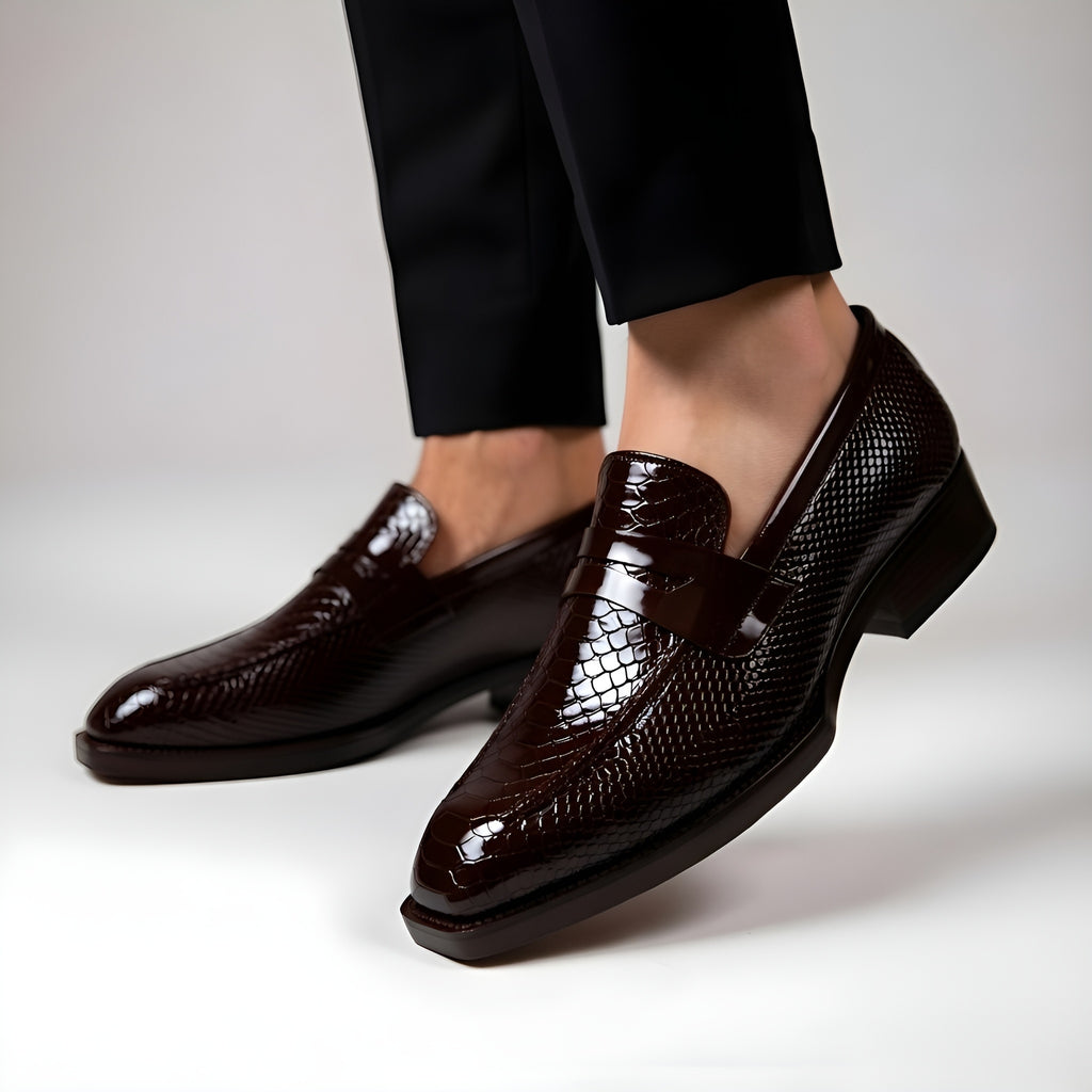 BAXXICO Premium Crocodile Texture Loafers with Elevated Heel Design