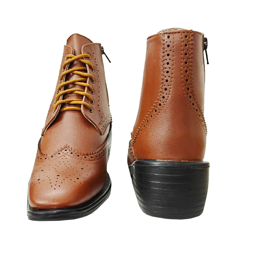 Baxxico Mens Height Increasing Semi-Formal Cow Boy Ankle Zipper Lace Up Brogue Boots
