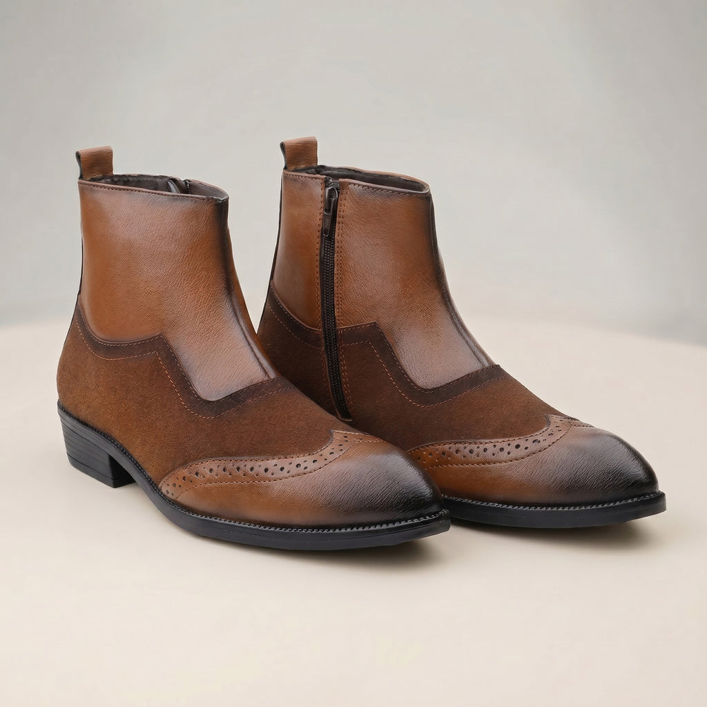 BAXXICO Luxury Elevated Heel Boots with Classic Brogue Texture Finish