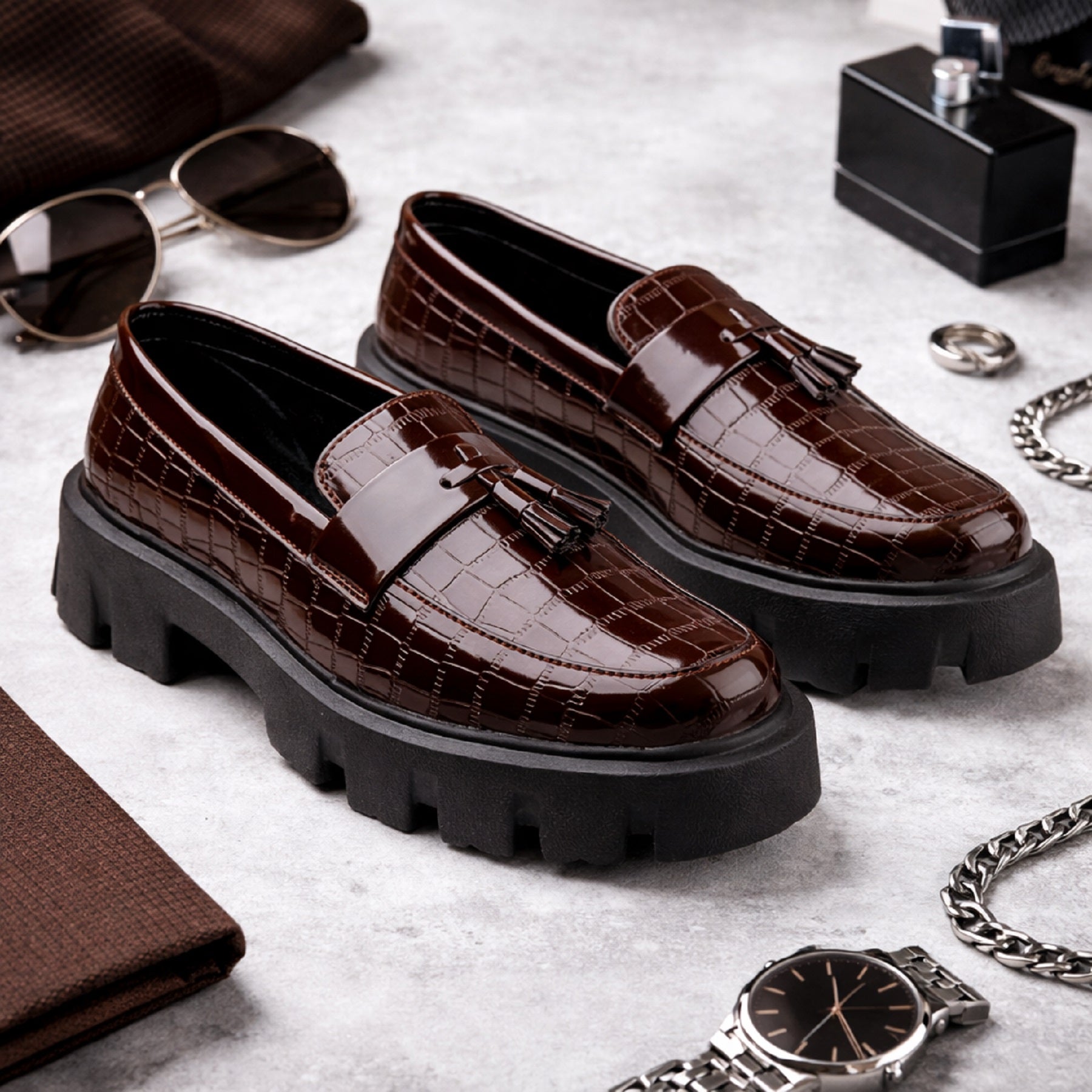 Baxxico Premium Patent Vegan Tassel Slip ons for Men