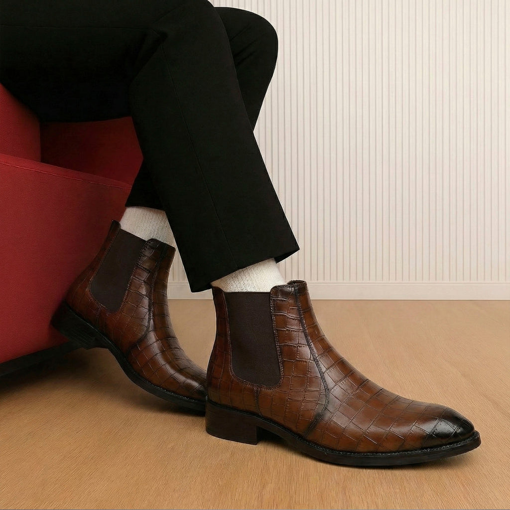 BAXXICO Mens Designer Croc Pattern Chelsea Boots Premium Vegan Leather & Classic Style