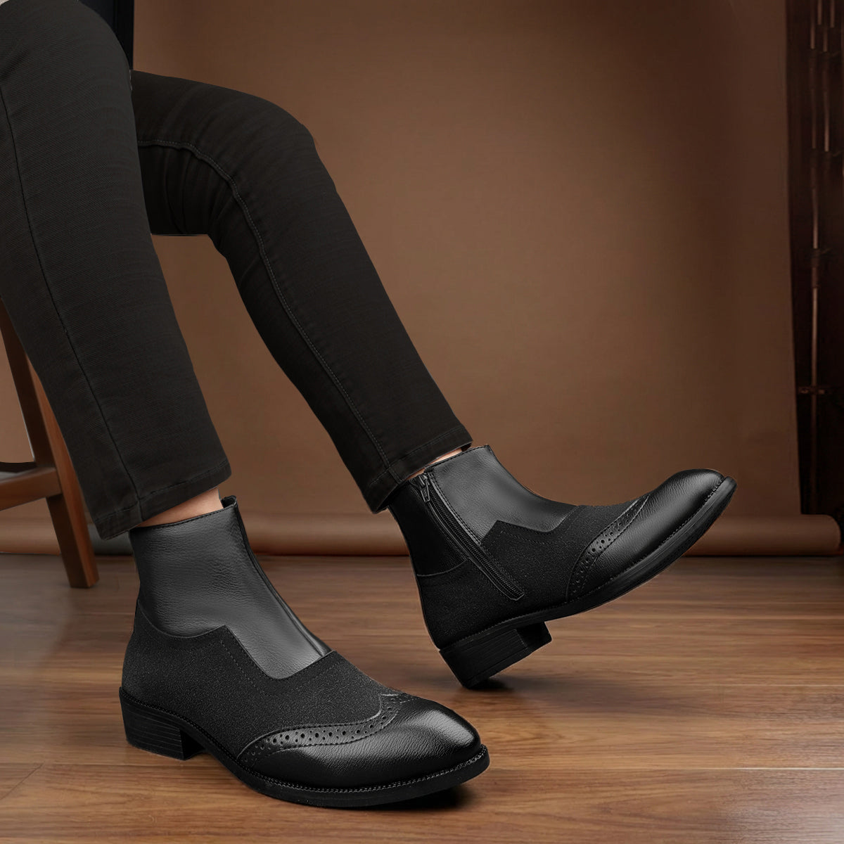 BAXXICO Luxury Elevated Heel Boots with Classic Brogue Texture Finish
