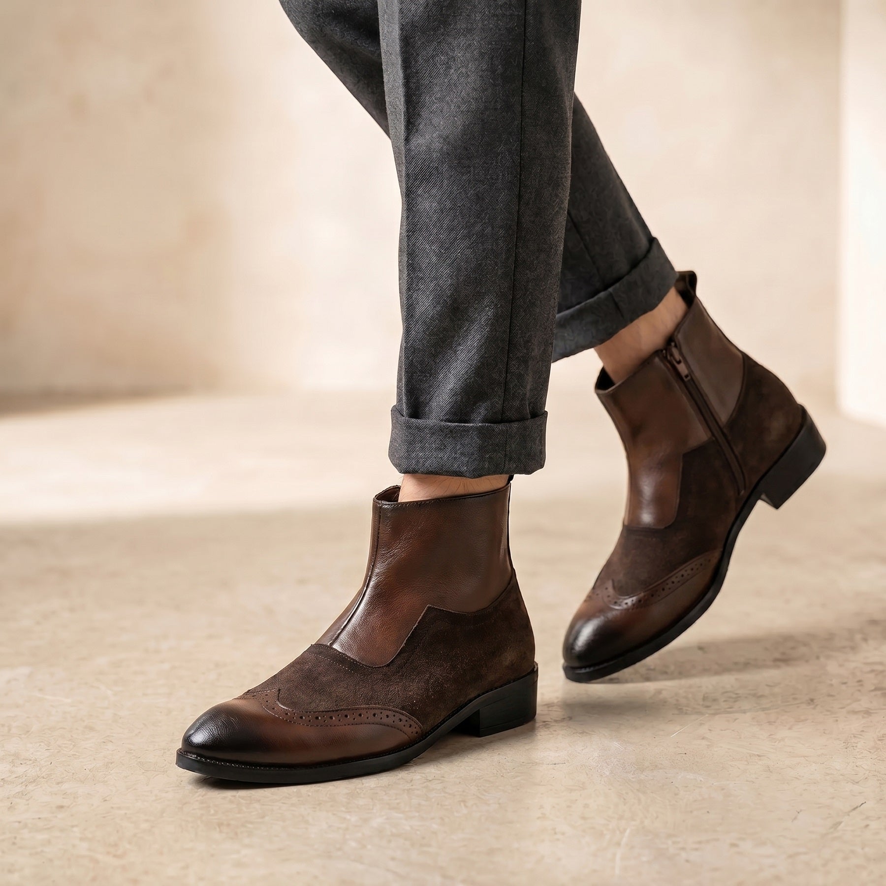 BAXXICO Luxury Elevated Heel Boots with Classic Brogue Texture Finish