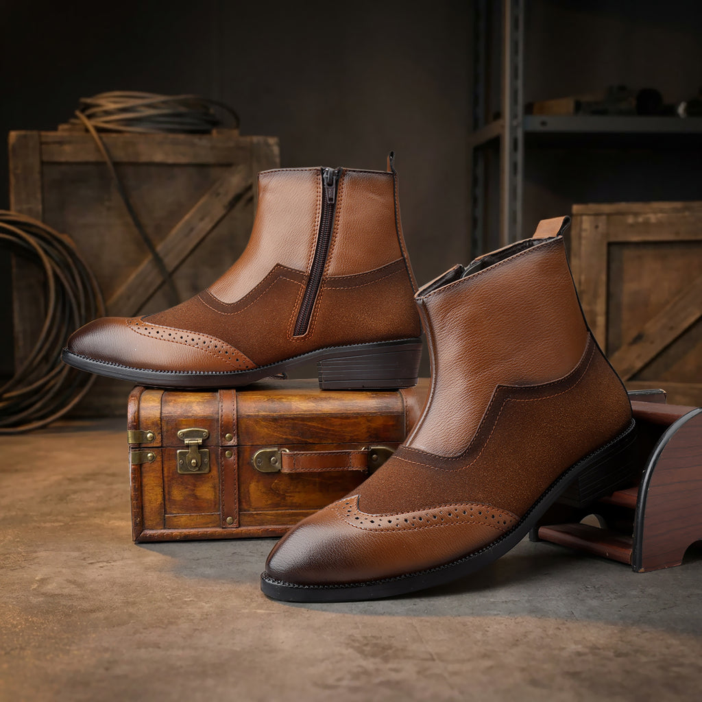BAXXICO Luxury Elevated Heel Boots with Classic Brogue Texture Finish