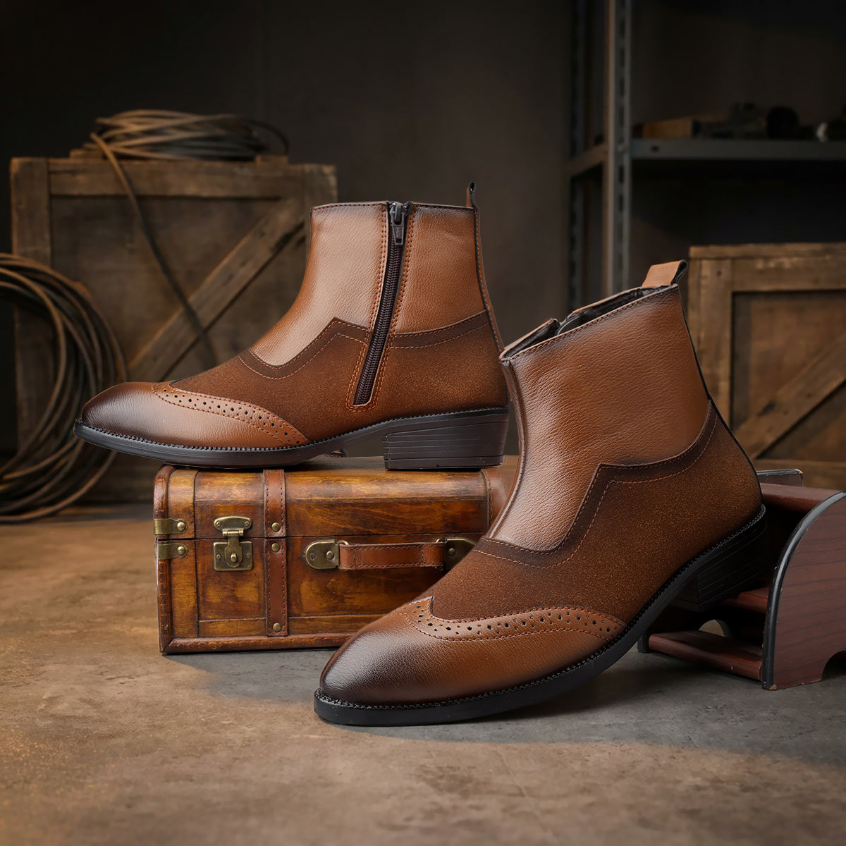 BAXXICO Luxury Elevated Heel Boots with Classic Brogue Texture Finish